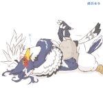  anthro athletic athletic_anthro athletic_male avian beak blue_body blue_feathers blush breath_of_the_wild duo embarrassed embrace feathers from_front_position hug kusachi leglock looking_pleasured lying male male/male missionary_position nintendo nude on_back revali rito sex talons teba_(tloz) text the_legend_of_zelda white_body white_feathers yellow_beak 