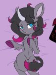  3:4 black_hair black_tail blue_eyes blush chest_tuft cloven_hooves curved_horn equid equine eyelashes female feral fetlocks fur grey_body grey_fur hair hi_res highlights_(coloring) hooves horn looking_at_viewer lying mammal messy_hair no_pupils oleander_(tfh) on_back open_mouth pink_highlights shinkaku shoulder_tuft solo tail them&#039;s_fightin&#039;_herds tuft unicorn unicornomicon wide_hips 