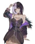  1girl arm_up belt black_belt black_choker black_dress black_hair black_jacket black_nails breasts choker cleavage closed_mouth collarbone commentary dress english_commentary fur-trimmed_jacket fur_trim grey_hair hair_ornament highres hololive hololive_english jacket large_breasts light_smile long_hair long_sleeves looking_at_viewer multicolored_hair nail_polish open_clothes open_jacket s7nsles shiori_novella shiori_novella_(1st_costume) short_dress simple_background single_off_shoulder sleeveless sleeveless_dress solo split-color_hair standing two-tone_hair v virtual_youtuber white_background x_hair_ornament yellow_eyes 