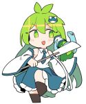  1girl blue_skirt blush detached_sleeves frog_hair_ornament gohei green_eyes green_hair hair_between_eyes hair_ornament hair_tubes holding ini_(inunabe00) japanese_clothes kochiya_sanae nontraditional_miko open_mouth ribbon-trimmed_sleeves ribbon_trim skirt smile snake_hair_ornament solo touhou wide_sleeves 