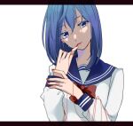 1girl blue_eyes blue_hair blurry bow crying crying_with_eyes_open hand_up highres kageki_shoujo!! lipstick long_sleeves looking_at_viewer makeup narata_ai red_bow red_nails rikorian_(zkzk_sankaku) school_uniform serafuku shirt simple_background string string_of_fate tears upper_body white_background white_shirt 