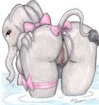  anthro anus bent_over bikini bikini_aside bikini_bottom_aside blush bow_ribbon breasts butt butt_focus clothing clothing_aside elephant elephantid english_text eyelashes female genitals grey_body grey_skin hi_res looking_at_viewer looking_back looking_back_at_viewer mammal nude partially_submerged paul_lucas presenting proboscidean pussy solo swimwear swimwear_aside tail tail_tuft text traditional_media_(artwork) trunk tuft tusks 