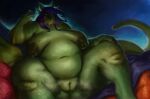  absurd_res animal_humanoid belly belly_scales big_belly big_breasts bodily_fluids breasts dominant dominant_female dragon dragon_humanoid female female_focus genitals green_body green_scales hair hi_res humanoid implied_female_pred lactating larger_areola long_tail lounging musk musk_clouds nude nude_female ominous overweight plump_labia purple_hair pussy rayoutofspace scales scalie tail teeth teeth_showing thick_thighs wide_hips 