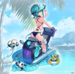  1girl aqua_hair back bikini bikini_bottom_only blue_bikini blue_gloves closed_mouth commentary_request from_behind full_body gloves hair_between_eyes hand_on_headwear helena_(phantom_of_the_kill) jet_ski looking_at_viewer looking_back ocean official_alternate_costume official_art orange_innertube outdoors phantom_of_the_kill second-party_source sitting smile swimsuit two-tone_innertube visor_cap white_innertube 