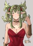  1girl alternate_hairstyle bare_shoulders breasts choker cleavage collar cosplay dress fire_emblem fire_emblem_awakening green_eyes green_hair highres holding holding_hair light_blush lissa_(fire_emblem) lissa_(fire_emblem)_(cosplay) long_hair looking_at_viewer medium_breasts pointy_ears red_dress sakuremi smile solo teeth tiara tiki_(adult)_(fire_emblem) tiki_(fire_emblem) 