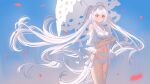  1girl absurdres ahoge bare_shoulders bikini bracelet breasts cleavage closed_mouth commentary detached_sleeves falling_petals fate/grand_order fate_(series) floating_hair frilled_bikini frills garter_belt highres holding holding_umbrella jewelry lady_avalon_(fate) lady_avalon_(second_ascension)_(fate) legwear_garter light_(nightty45) long_hair medium_breasts merlin_(fate/prototype) navel parasol petals pointy_ears puffy_short_sleeves puffy_sleeves red_eyes short_sleeves side-tie_bikini_bottom single_detached_sleeve single_legwear_garter smile solo standing swimsuit symbol-only_commentary thigh_strap thighs twintails umbrella very_long_hair white_bikini white_hair 