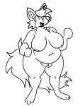  2023 anthro belly big_breasts black_and_white black_nose breasts cheek_tuft chest_tuft clitoral_hood clitoris cute_fangs digital_media_(artwork) digitigrade domestic_cat facial_markings facial_tuft fangs featureless_hands felid feline felis female fluffy fluffy_tail fur genitals hair head_markings inner_ear_fluff inverted_nipples katty_hupokoro line_art mammal markings monochrome navel nipples nude open_mouth open_smile paws plump_labia pussy qoolbunart short_stack simple_background slightly_chubby smile solo tail teeth tongue tuft white_background 