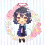  1girl :d armband ayane_(blue_archive) bangs black_hair black_jacket black_skirt black_socks blue_archive blush braid brown_footwear chibi collared_shirt commentary_request commission floral_background flower full_body hair_between_eyes hair_flower hair_ornament halo hands_up headset jacket kneehighs kou_hiyoyo long_sleeves open_clothes open_jacket own_hands_together pink_flower plaid plaid_skirt pleated_skirt pointy_ears red-framed_eyewear school_uniform semi-rimless_eyewear shirt shoes short_hair skeb_commission skirt smile socks solo striped striped_background sweater_vest under-rim_eyewear vertical_stripes white_flower white_shirt 