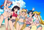  5girls aino_minako aqua_panties armpits bangs beach bikini bishoujo_senshi_sailor_moon black_hair black_panties blonde_hair blue_bikini blue_eyes blue_hair blue_panties blue_sky bow bra bracelet breasts brown_hair camisole dj_jdite double_bun earrings flower_earrings frilled_bikini frills green_eyes hair_bobbles hair_bow hair_bun hair_ornament highres hino_rei jewelry kino_makoto long_hair medium_hair midriff mizuno_ami multiple_girls outdoors panties parted_bangs pink_camisole ponytail purple_eyes red_bow red_bra short_hair sidelocks sky small_breasts stud_earrings swept_bangs swimsuit tsukino_usagi underwear very_long_hair watch white_bikini white_bra wristwatch 