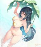  1girl :d adhesive_bra black_hair bottomless breasts cleavage commission curvy from_above groin hair_flaps highres kiyama_satoshi large_breasts leaf_umbrella light_blush long_hair looking_at_viewer maebari narrow_waist open_mouth original refraction sideboob signature skeb_commission smile solo standing thick_thighs thighs very_long_hair wading wide_hips yellow_eyes 