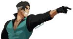  1boy antonio_satou artist_name bara beard_stubble black_gloves black_hair black_shirt chest_hair collarbone collared_shirt ear_piercing facial_hair fairytale_police_hoe_department gloves green_vest grin idoraad long_sleeves male_focus mature_male muscular muscular_male mustache_stubble official_art pectoral_cleavage pectorals piercing pixel_art shirt short_hair sideburns_stubble simple_background smile solo stubble teeth twitter_username undercut upper_body vest white_background 
