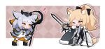  2girls ;d animal_ear_fluff animal_ears argyle argyle_background arknights armor armored_boots black_bow black_cloak black_footwear black_headwear blemishine_(arknights) blonde_hair blush boots bow brown_eyes chibi cloak commission dress fur-trimmed_cloak fur_trim grey_hair grey_jacket hair_bow hat high_ponytail highres holding holding_staff holding_sword holding_weapon horse_ears horse_girl horse_tail jacket kneehighs kurotofu long_hair mini_hat multiple_girls notice_lines one_eye_closed open_clothes open_jacket orange_eyes ponytail ptilopsis_(arknights) smile socks staff standing star_(symbol) sword tail weapon white_dress yellow_socks 