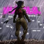  1:1 ambiguous_gender anthro ass_mole bovid bovine braided_hair building butt casual_nudity cattle dirty_soles electricity feet fist french_braid hair hi_res lightning looking_at_viewer mammal mole_(disambiguation) mud muscular neon_sign notched_ear plantigrade raining sign smudge_proof soles solo storm tattoo 