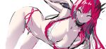  1girl armpits bangs bare_shoulders bikini black_choker breasts choker closed_mouth collarbone fairy_knight_tristan_(fate) fate/grand_order fate_(series) frilled_bikini frills hand_in_own_hair large_breasts leaning_forward long_hair looking_at_viewer purple_eyes red_bikini red_hair side-tie_bikini_bottom sidelocks smile solo spider_apple swimsuit thighs unfinished upper_body very_long_hair 