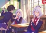  3girls ahoge amnesia_(majo_no_tabitabi) bangs black_hair black_thighhighs classroom elaina_(majo_no_tabitabi) grey_hair hair_between_eyes highres long_hair majo_no_tabitabi multiple_girls neck_ribbon necomi official_alternate_costume purple_eyes ribbon saya_(majo_no_tabitabi) school_uniform short_hair sidelocks sitting thighhighs white_hair 