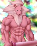  2022 abs absurd_res anthro anthrofied biceps black_eyes cartoon_network chibikoma digital_drawing_(artwork) digital_media_(artwork) felid fur half-length_portrait hi_res lion lion_(steven_universe) looking_at_viewer male mammal mane melee_weapon muscular muscular_anthro muscular_male nude pantherine pecs pink_body pink_fur pink_mane portrait solo steven_universe strategically_covered sword weapon 