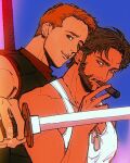  2boys amuii brown_eyes brown_hair cigar deadpool english_commentary head_tilt highres holding holding_sword holding_weapon katana light_brown_hair looking_at_viewer male_focus marvel mouth_hold multiple_boys muscular muscular_male pectorals short_hair sleeveless smirk smoking sword tank_top weapon white_tank_top wolverine_(x-men) x-men x-men_film_series x-men_origins:_wolverine yaoi 