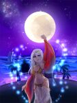  1girl arm_up armpits bangs bikini blue_eyes blue_gemstone boat breasts cleavage commentary_request detached_sleeves feet_out_of_frame full_moon galaxy gem gypsy_(ragnarok_online) horizon jewelry long_hair looking_at_viewer lug_s medium_breasts moon navel necklace night ocean open_mouth palm_tree pants purple_sky ragnarok_online red_sleeves sky smile solo star_(sky) starry_sky strapless strapless_bikini swimsuit tree water watercraft white_hair white_pants yellow_bikini 