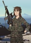  1girl artist_name assault_rifle black_eyes black_gloves brown_hair buck_teeth camouflage camouflage_jacket camouflage_pants ear_protection freckles gloves gun hand_on_hip highres hitsuji_(hitsujigoods) holding holding_gun holding_weapon jacket kara_eklund mountain mountainous_horizon neet_girl_date_night optical_sight pants pouch rifle safety_glasses scope sleeves_rolled_up snow solo teeth tree trigger_discipline weapon 