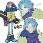  1boy alternate_costume androgynous blue_eyes blue_footwear blue_hair blue_mittens blush gloomidesu goggles goggles_on_head grusha_(pokemon) highres jacket light_blue_hair long_hair long_sleeves looking_at_viewer male_focus mittens multiple_views pants pokemon pokemon_(game) pokemon_sv red_mittens scarf snowboard striped striped_scarf two-tone_scarf yellow_jacket 