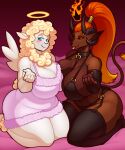  5:6 angel anthro beckoning big_breasts blazbaros blonde_hair blue_eyes blush bovid bra breast_squish breasts breasts_frottage brown_body brown_fur caprine caprine_demon clothed clothing collar demon duo female fire floating_crown fur garter_straps gesture goat goat_demon hair halo hi_res horn huge_breasts kneeling legwear lingerie long_hair looking_at_viewer mammal nightgown orange_hair partially_clothed ponytail seductive sheep squish stockings thigh_highs tongue tongue_out underwear white_body white_fur wings wool_(fur) 