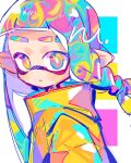  1girl absurdres blonde_hair blue_hair braid bright_pupils commentary_request high_collar highres inkling inkling_girl jacket long_hair multicolored_eyes multicolored_hair parted_lips pink_hair pointy_ears sketch solo splatoon_(series) uenomigi upper_body white_pupils yellow_jacket 