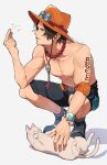  1boy abs absurdres animal arm_tattoo belt black_hair black_shorts bracelet cat commentary_request elbow_pads freckles full_body hat highres jewelry kameoka908 log_pose necklace one_piece orange_hat pearl_necklace portgas_d._ace short_hair shorts simple_background single_elbow_pad sparkle squatting tattoo topless_male twitter_username whiskers white_background 