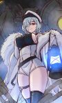  azur_lane bandage_over_one_eye bandages bangs black_thighhighs blue_hair bodysuit boots breasts chain clothing_cutout coat covered_navel from_below fur-trimmed_coat fur_coat fur_trim hat holding holding_lantern kuybyshev_(azur_lane) lantern large_breasts light_smile long_sleeves looking_at_viewer o-ring_strap open_clothes open_coat parted_lips peaked_cap red_eyes rigging short_hair sideboob strap thigh_cutout thighhighs thighs unfinished upper_body waa!_okami white_headwear 