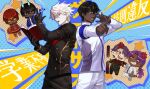  6+boys absurdres anger_vein arjuna_(fate) arjuna_alter_(fate) ashwatthama_(fate) basketball basketball_uniform bhima_(fate) black_eyes black_hair blue_eyes book dark-skinned_male dark_skin duryodhana_(fate) earrings facial_hair fate/grand_order fate_(series) glasses goatee highres jewelry low_ponytail male_focus multiple_boys open_book pen pointing potato_goril purple_eyes purple_hair red_hair sportswear white_hair 