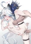  1boy 1girl absurdres arm_grab bar_censor barefoot blue_eyes blue_headwear blush breasts censored completely_nude cum cum_in_pussy electrophorus feet focalors_(genshin_impact) genshin_impact grey_hair hat heart heart-shaped_pupils hetero highres lactation long_hair looking_at_viewer navel nipples nude open_mouth overflow penis pussy sex soles solo_focus split standing standing_on_one_leg standing_sex standing_split symbol-shaped_pupils thigh_strap top_hat v vaginal white_background 