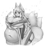  2021 animal_humanoid belly big_belly big_breasts bodily_fluids breasts cakecatboy canid canid_humanoid canine canine_humanoid female fox_humanoid huge_breasts humanoid mammal mammal_humanoid monochrome multi_tail navel obese obese_female obese_humanoid overweight overweight_female overweight_humanoid signature simple_background smile solo standing sweat tail 