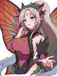  1girl apo_518 bare_shoulders blue_wings breasts butterfly_wings detached_sleeves diamond_(shape) facial_mark fire_emblem fire_emblem_heroes forehead_mark grey_hair hair_intakes hand_up highres long_hair looking_at_viewer medium_breasts multicolored_wings open_mouth orange_wings pink_eyes pink_sleeves plant plumeria_(fire_emblem) pointy_ears ponytail red_wings simple_background smile solo thorns very_long_hair vines white_background wings 