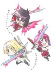  1girl 2boys ahoge black_hair blonde_hair blue_eyes breasts chibi destiny_gundam energy_sword gundam gundam_seed gundam_seed_destiny holding holding_sword holding_weapon impulse_gundam legend_gundam long_hair looking_at_viewer lunamaria_hawke mecha_pilot_suit mechanical_wings multiple_boys nagi_(exsit00) normal_suit open_mouth pilot_suit purple_hair red_eyes rey_za_burrel shinn_asuka short_hair sword weapon wings zaft_(gundam) 