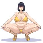  1girl absurdres belly bikini black_hair blush boruto:_naruto_next_generations breasts curvy cyberboi fat high_heels highres hyuuga_hinata large_breasts makeup mature_female medium_hair nail_polish naruto naruto_(series) pale_skin plump presenting pubic_hair purple_nails simple_background smile solo squatting swimsuit thick_thighs thighs toenail_polish toenails white_background 