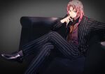  1boy absurdres arm_rest bangs belt cigarette collared_shirt couch covering_mouth crossed_legs diavolo formal green_eyes highres holding holding_cigarette jojo_no_kimyou_na_bouken long_hair long_sleeves looking_away looking_to_the_side male_focus parted_bangs pink_hair pinstripe_pattern pinstripe_suit polka_dot_necktie shirt sitting smoking solo spotted_hair striped suit vento_aureo yashio_kurenai 