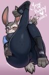  &lt;3 2023 3_toes 5_fingers anthro artist_name big_butt blue_eyes blush bottomwear breasts butt chinese_zodiac clothed clothing disney english_text eyebrows eyelashes feet female fingers fully_clothed fur gaikiken grey_body grey_fur hi_res holding_butt judy_hopps knee_pads lagomorph leporid looking_at_viewer mammal one_eye_closed pants pink_background rabbit shirt simple_background smile solo text thick_thighs tight_clothing toes topwear wink year_of_the_rabbit zootopia 