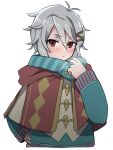  1boy adjusting_clothes antenna_hair apo_518 bangs blush breath closed_mouth grey_hair hair_between_eyes hand_on_hip hand_up highres julian_(rune_factory) long_sleeves male_focus red_eyes rune_factory rune_factory_5 short_hair simple_background solo white_background 