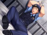  1boy bara bed black_hair black_vest blue_pants blue_shirt bound bound_wrists cuffs handcuffs hat hinahara_hajime male_focus muscular muscular_male on_bed open_mouth original pants police police_hat police_uniform policeman restrained shirt short_hair solo uniform vest 
