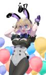 1girl absurdres animal_ears balloon blonde_hair blue_eyes breasts bunny_pose cleavage cleavage_cutout clothing_cutout colored_inner_hair constance_von_nuvelle earrings fire_emblem fire_emblem:_three_houses garreg_mach_monastery_uniform gloves hairband highres jewelry leotard looking_at_viewer mu_tu_bu multicolored_hair open_mouth pantyhose playboy_bunny purple_gloves rabbit rabbit_ears rabbit_tail tail two-tone_hair white_background 