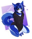  2023 5_fingers anthro black_nose blue_body blue_fur bluehair breasts canid canine canis clothed clothing collar digital_media_(artwork) domestic_dog female fingers fur looking_at_viewer mammal solo wolflady yellow_eyes 