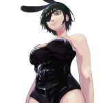  1girl absurdres animal_ears artist_name black_hair black_leotard blue_eyes chainsaw_man eyepatch fake_animal_ears from_below highres himeno_(chainsaw_man) leotard looking_at_viewer parted_lips pastepiphany playboy_bunny rabbit_ears short_hair simple_background smile solo strapless strapless_leotard white_background 