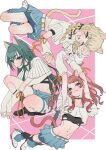  3girls ;d absurdres animal_ears armpits arms_up black_choker blonde_hair blue_overskirt blue_skirt bodypaint border cat_ears cat_tail choker commentary_request cropped_shirt fang fang_out fujita_kotone full_body gakuen_idolmaster green_hair hanami_saki highres idolmaster kemonomimi_mode looking_at_viewer multiple_girls naga-agan one_eye_closed own_hands_together paw_pose paw_print pink_background red_hair shirt skirt smile tail thigh_strap tsukimura_temari white_arm_warmers white_border white_shirt 