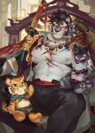  1boy bara furry furry_male head_on_hand jewelry looking_at_viewer male_focus multiple_scars necklace null-ghost official_art one_eye_closed pang_(sdorica) scar sdorica sitting solo stuffed_animal stuffed_toy tiger weapon yao_(sdorica) 