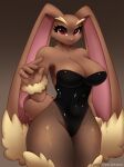  5_fingers alphadesu anthro big_breasts breasts brown_body brown_fur cleavage clothed clothing eyelashes female fingers fur generation_4_pokemon hi_res long_ears looking_at_viewer lopunny nintendo pokemon pokemon_(species) portrait purple_eyes solo standing text thick_thighs three-quarter_portrait url wide_hips 
