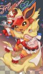  &lt;3 3_toes accessory ambiguous_gender bell bell_collar berserker_tamamo_cat beverage black_nose bow_(feature) bow_accessory bow_ribbon brown_eyes caster_tamamo-no-mae checkered_floor claws clothing collar colored container cup dessert digital_media_(artwork) digital_painting_(artwork) eeveelution english_text fate_(series) feet feral flareon food footprint footwear fruit fur generation_1_pokemon glistening glistening_eyes hair_accessory hair_bow hair_ribbon hat headgear headwear hi_res holding_object holding_tray japanese_text looking_at_viewer name_tag nintendo nullma open_mouth orange_body orange_ears pawpads pawprint pawprint_marking paws plant pokemon pokemon_(species) quadruped red_clothing red_footwear red_socks ribbons roller_skates saucer serving_tray sharp_teeth shoelaces shoes signature socks solo strawberry tail teeth text toes tongue translated visor_cap yellow_body yellow_fur yellow_tail 