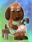 2022 animal_crossing anthro bea_(animal_crossing) biped black_eyes book brown_body brown_fur brown_nose brown_tail canid canine canis clothed clothing digital_drawing_(artwork) digital_media_(artwork) domestic_dog dress female female_(lore) full-length_portrait fur head_tuft hi_res lidded_eyes looking_down mammal nintendo pattern_clothing paws portrait reading sitting smile solo striped_clothing stripes tail tuft wienerdogworks 