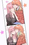  2girls :d :i absurdres amlichan black_jacket black_nails blush fingernails green_nails highres hololive hololive_english hug jacket kiss kissing_cheek long_hair medium_hair mori_calliope multiple_girls orange_hair photo_strip pink_hair plaid plaid_shirt shirt smile takanashi_kiara virtual_youtuber yuri 