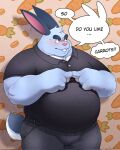 2023 anthro belly big_belly blue_body blush bottomwear clothing dialogue english_text hi_res humanoid_hands lagomorph leporid male mammal overweight overweight_male pants pink_nose rabbit runxforest solo text 