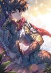  1girl armor bangs berserk black_gloves black_hair cape casca_(berserk) dark-skinned_female dark_skin gloves hagure_keg highres holding holding_sword holding_weapon looking_at_viewer outdoors plant red_cape red_eyes short_hair sitting solo sword tree weapon 