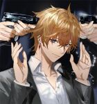  3boys ahoge alternate_costume arms_up bangs black_background blue_eyes brown_hair buttons closed_mouth collared_jacket collared_shirt crystal crystal_earrings earrings eyes_visible_through_hair fingernails formal fractalmagnolia genshin_impact gun hair_between_eyes hands_up holding holding_gun holding_weapon jacket jewelry light_brown_hair long_sleeves looking_at_viewer male_focus multiple_boys open_clothes open_jacket shirt short_hair simple_background single_earring smile solo_focus suit tartaglia_(genshin_impact) upper_body weapon white_shirt 